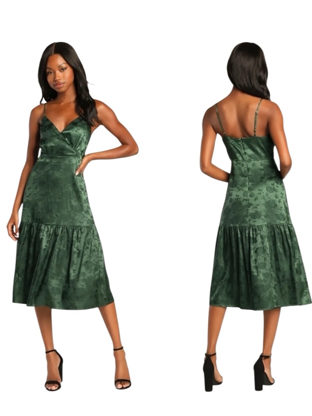 Lulu's “Be Your Favorite” Emerald Green Satin Jacquard Floral Midi Dress NWT